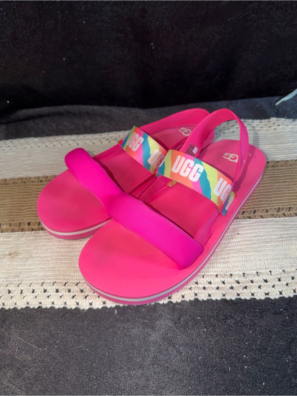 UGG Kids Hot Pink Sandal with Rainbow Logo Strap